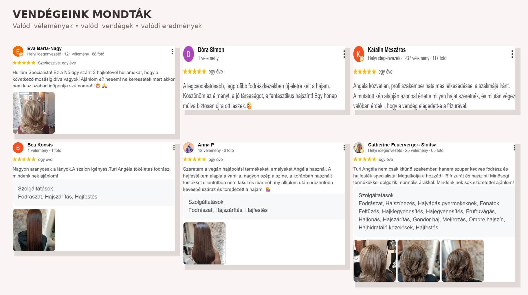 Hajszalon vendégértékelések több kártyán, 5 csillagos minősítésekkel és fotókkal, háttérben „VENDÉGEINK MONDTÁK” felirat.